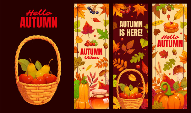 Autumn and Thanksgiving harvest banners of cartoon pumpkins and falling leaves. Thanksgiving harvest holiday party food and fruit basket, orange pumpkins, honey and berry pie, Hello Autumn banners set