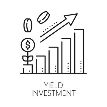 Investment yield, finance line icon or sign. Investor company thin line vector sign, venture capital fund outline symbol. Finance investment startup pictogram or icon with income growth infographics