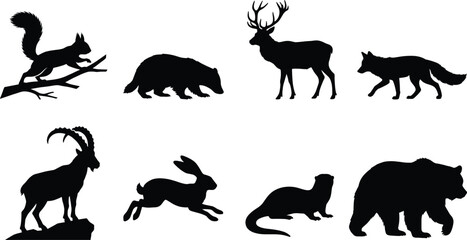 Fototapeta premium Wild Forest Animal Silhouette Collection with Bear Deer Fox Rabbit and Squirrel