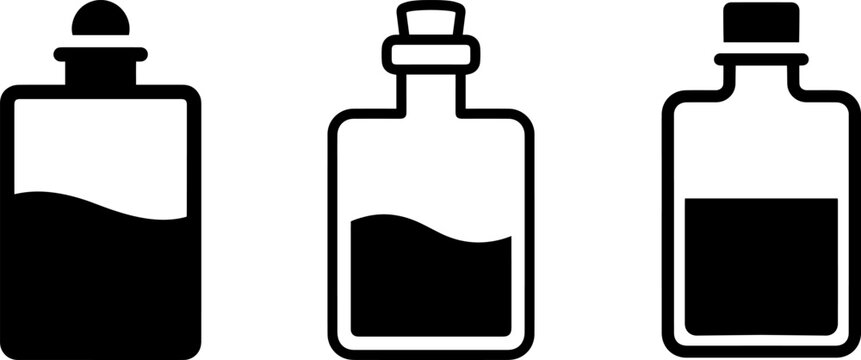 Set of three different glass bottles with liquid inside, vector icons