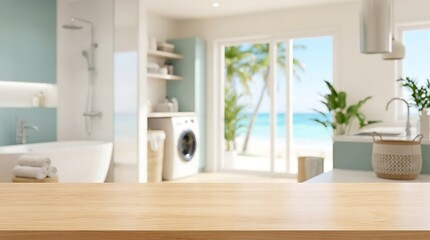 Fototapeta premium Empty Wooden Tabletop with Blurred Luxury Interior Background of Modern Tropical Beach House for Product Presentation.