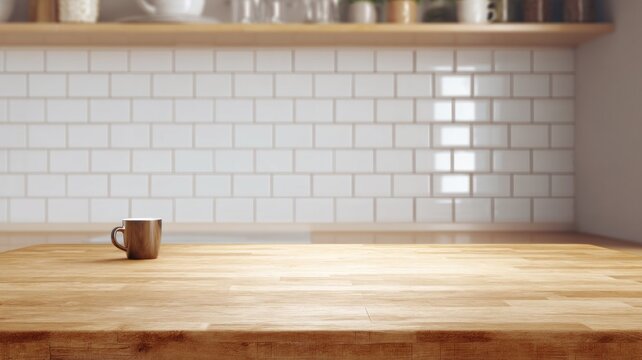 Sunlit kitchen counter with flowers and shelves. Artificial intelligence image