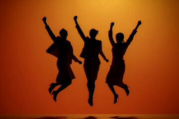 Fototapeta premium Work Life Joy, Colleagues jump outdoors under warm sunlight, reflecting work-life balance, joy, and a healthy lifestyle.