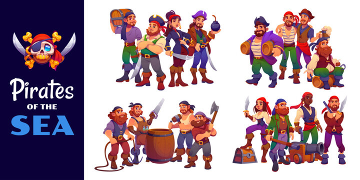 Cartoon pirate ship crew characters, funny corsairs collage with skull and crossbones. Happy pirate captain in hat, sailor with hook and gunners with cannon, boatswain and corsair skipper characters