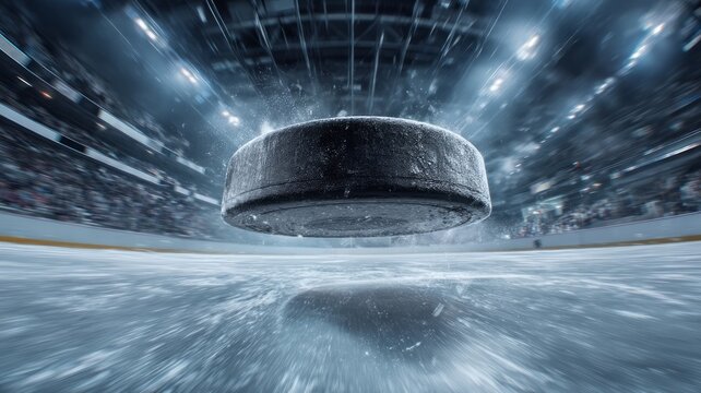 Flying hockey puck on ice in arena. Artificial intelligence image