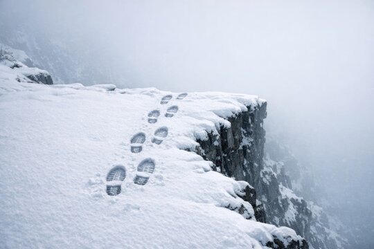 Snowy cliffside with footprints leading off the edge, perfect for winter or adventure scenes