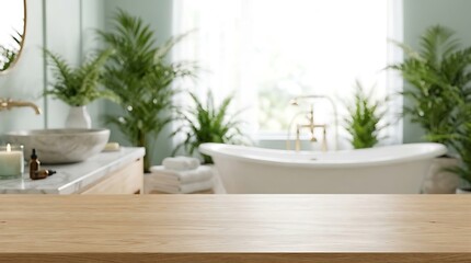 Fototapeta premium Empty wooden tabletop in luxury spa bathroom with bathtub plants and bright window for product mockup presentation.