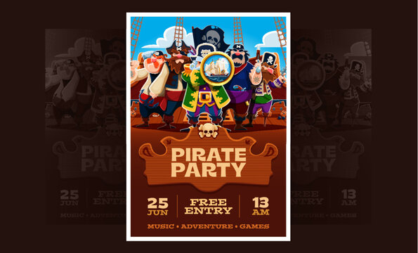 Caribbean pirates and corsair night party flyer with pirate crew stands on ship deck, captain holding spyglass with sailing ship reflected in the lens, skull flag and wood sign announcing pirate party