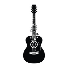 Fototapeta premium Acoustic guitar decorated with winter snowflakes black silhouette art