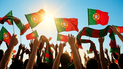 Fototapeta premium Crowd of people celebrating with portuguese flags and scarves waving in sunlit sky during national holiday or sports event, joyous patriotic atmosphere.