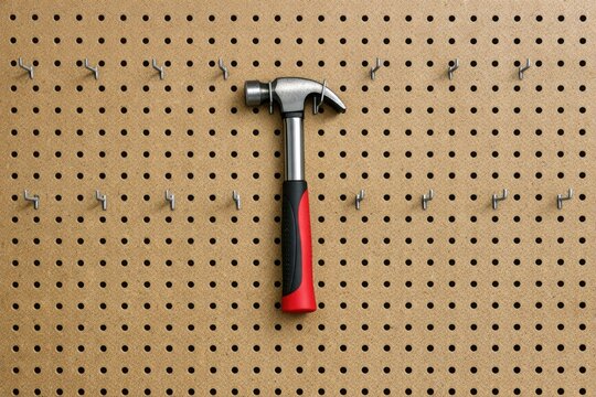 A hammer stuck into a pegboard with screws, ready for use