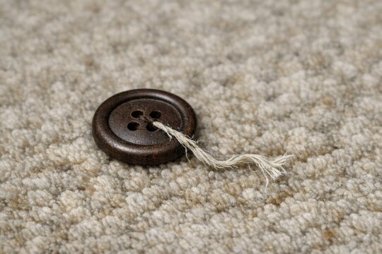 A small brown button with a string attached to it, possibly for fastening or decoration