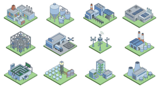 Isometric Industrial Buildings Collection Vector Illustration.