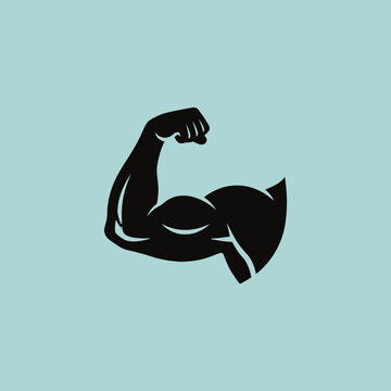 A black silhouette of a flexing muscular arm icon