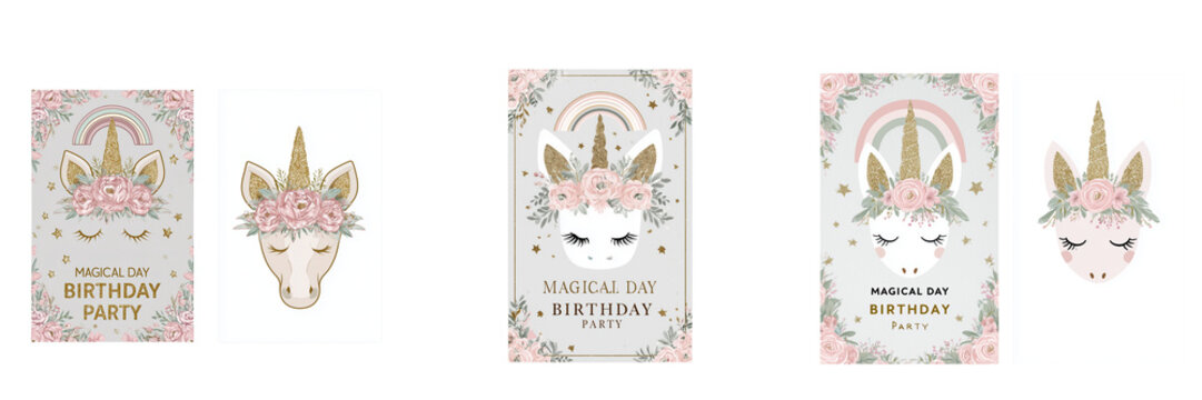 Set of Cute unicorn kids birthday invitation surrounded by blooming roses, daisies and wildflowers on transparent background. Ai generated