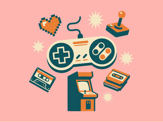 Retro gaming icons and vintage video game controller illustration © tara