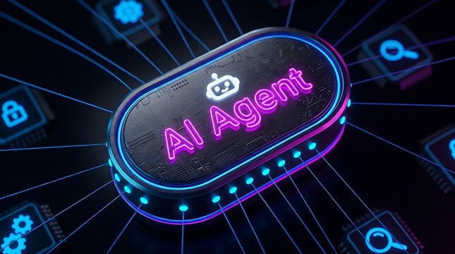 AI agent at center of digital network with glowing circuits and interconnected data nodes symbolizing artificial intelligence and modern technology innovation.