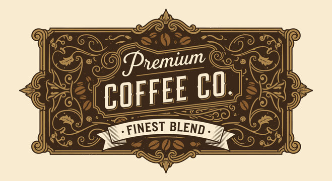 Premium Coffee Co. Finest Blend Vintage Label Design with Ornate Flourishes and Coffee Beans