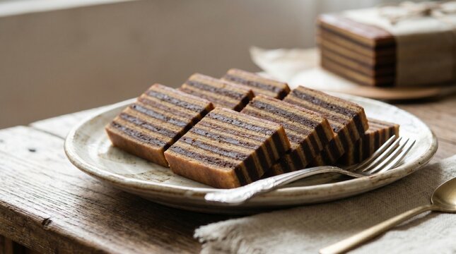 Slices of traditional Indonesian layered steamed rice flour cake kue lapis beras with chocolate brown and white stripes served on a ceramic plate on a rustic wood table.