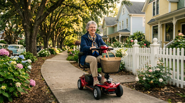 Happy senior woman riding a red mobility scooter on a sunny suburban sidewalk