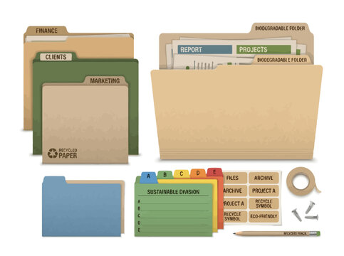 Assorted office file folders with labels and organizational stationery items.