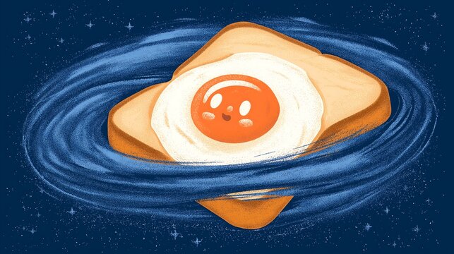 Illustration of Funny Fried Egg on Toast Planet in Cosmic Space
