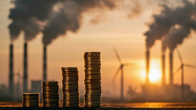 Piles of coins against the backdrop of industrial chimneys with thick smoke and wind turbines at sunset, the concept of climate economics, carbon tax, and the cost of CO2 emissions.