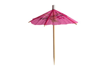 Obraz premium A small pink paper cocktail umbrella with a wooden toothpick stem, isolated on a black background, featuring a delicate floral print on the canopy