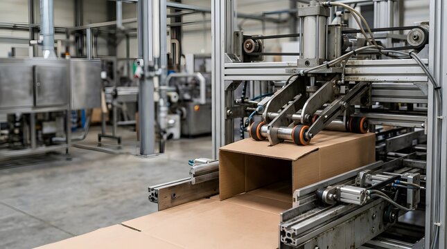 automated cardboard box forming machine operating in modern packaging manufacturing facility