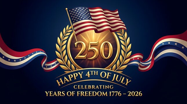 Happy 4th of July celebrating 250 years of freedom 1776 2026 with American flag and laurel wreath on dark blue background.