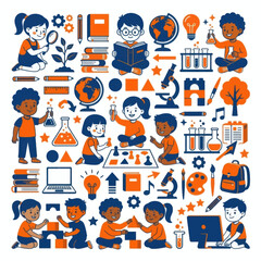 Fototapeta premium Children engaging in diverse educational activities and school subjects illustration set.