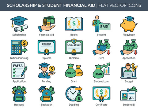 Colorful vector icons representing scholarship and student financial aid concepts for education funding.