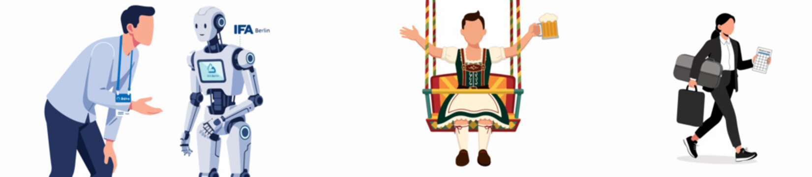 Modern illustration of diverse professionals and robot at IFA Berlin event