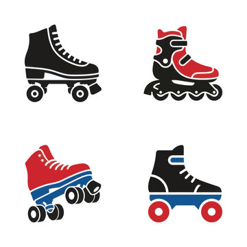 Collection of roller skates and inline skates icons in black red and blue colors.
