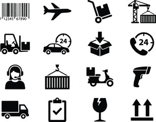 Fototapeta premium Logistics and shipping icons set, black delivery service symbols, 16 transportation and supply chain vector elements for warehouse management