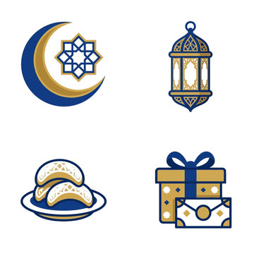 Islamic Ramadan and Eid Mubarak Icon Set with Crescent Moon Lantern Cookies and Gift Box.