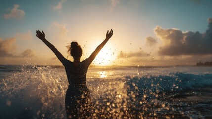 Fototapeta premium joyful person standing by the ocean with arms raised toward the sun, waves sparkling in golden light, freedom and inspiration concept, cinematic