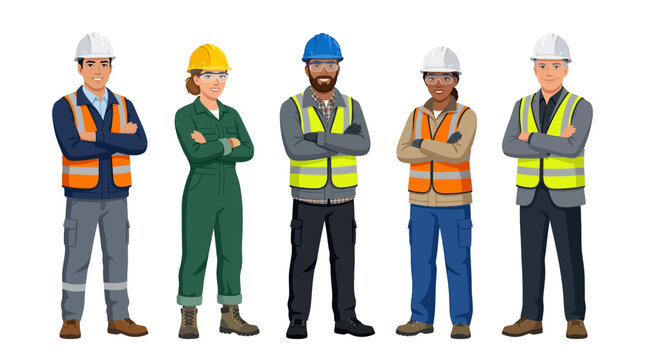 Construction workers in safety gear standing.