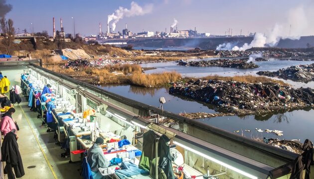 Textile factory workers sew clothing in a brightly lit workshop overlooking a heavily polluted river and smoking industrial complex