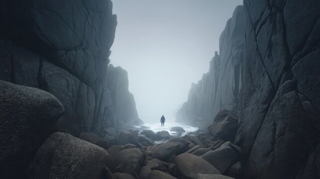 lone traveler standing between gigantic coastal boulders, misty seascape, atmosphere of exploration and reflection, cinematic landscape photography