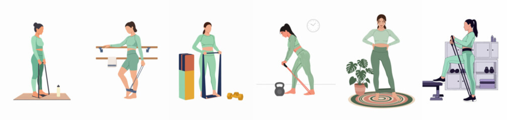 Fototapeta premium Set of flat vector illustrations of a woman performing various exercises with resistance bands in different indoor settings for health and fitness.