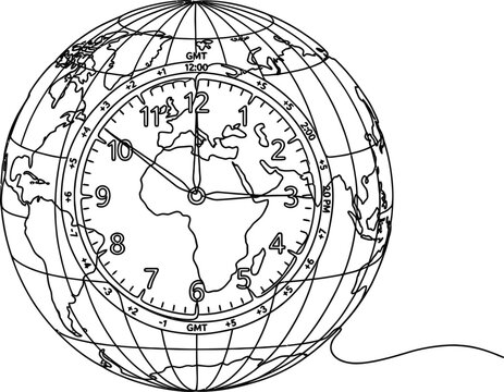 Black and white line art illustration of a world map globe with an integrated clock face representing global time zones.