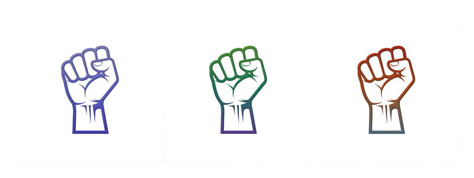 Set of three colorful raised fists symbol icons