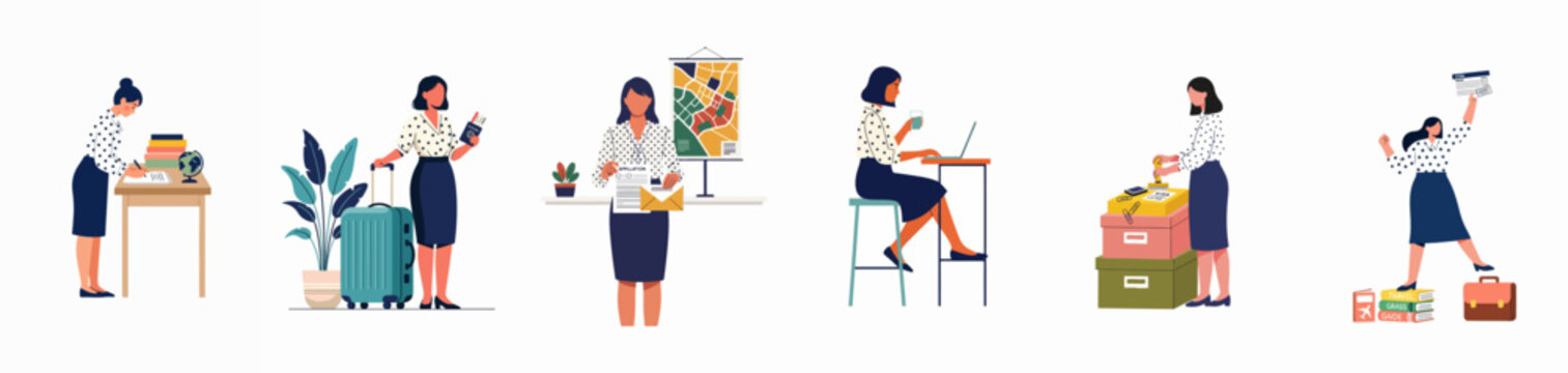 Set of diverse female characters showing the various stages of the travel visa application process, from preparation to successful approval.