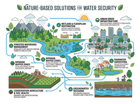 Illustration of nature based solutions for water security with forests wetlands cities and agriculture.