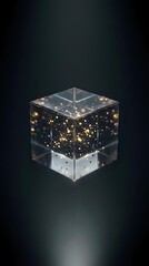 Fototapeta premium Transparent cube filled with glowing golden particles and light effects suspended in dark liquid, isolated on black background for design and creative projects.