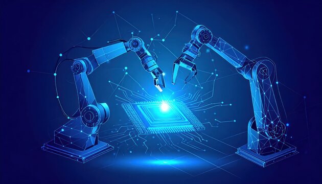 Futuristic blue robotic arms with glowing details manipulate a radiant microchip on an abstract digital network background symbolizing AI and automation.