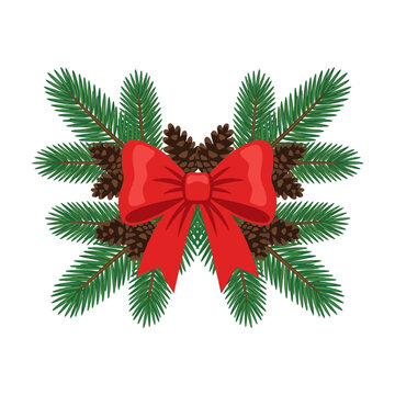 This festive pine wreath features a bright red bow and pinecones