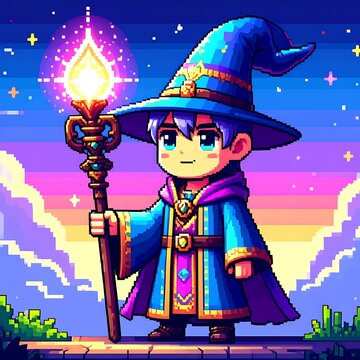 Colorful Pixel Wizard Standing with Glowing Staff in Fantasy Sunset Landscape