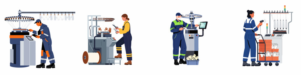 Fototapeta premium Illustrations of industrial workers operating automated knitting machinery in a textile factory for the production of high-quality safety work gloves.
